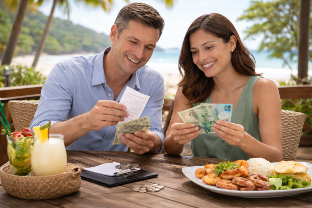 Couple at a beachside Costa Rica restaurant checking the bill and holding Costa Rican colones to decide on a tip