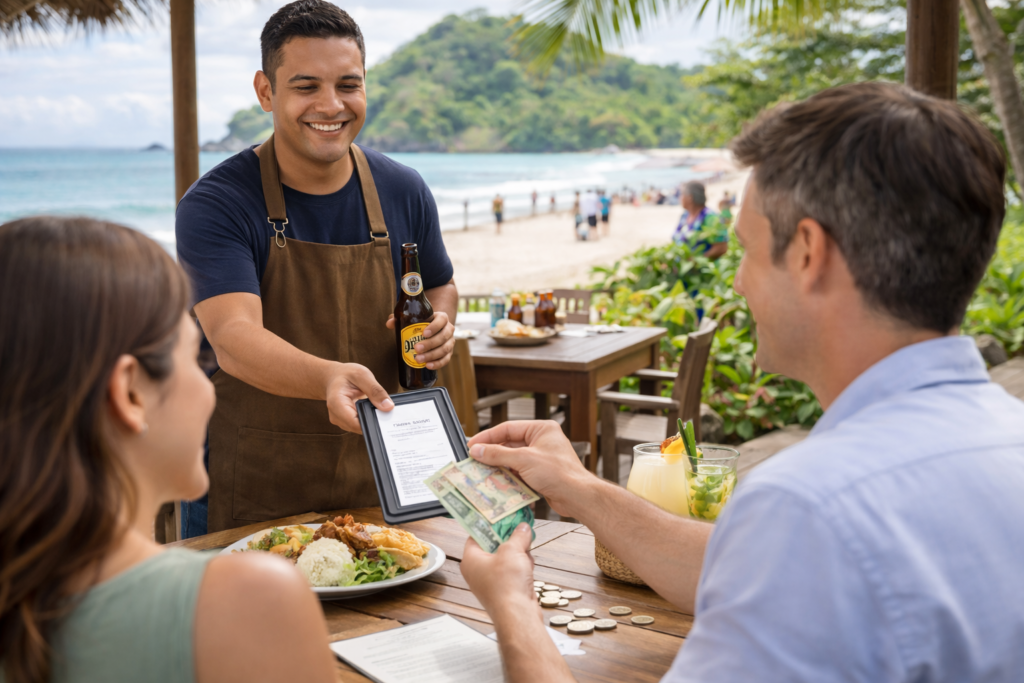 Costa Rican waiter handing a bill to a couple at an oceanfront restaurant while the diners prepare cash for a tip
