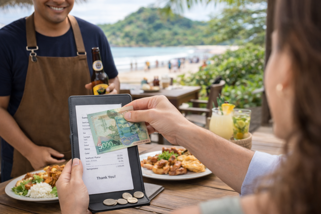 Diner placing Costa Rican cash and coins into a bill holder on top of a receipt while a waiter stands nearby at a beachside restaurant
