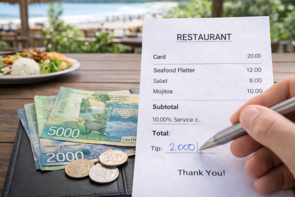 Close-up of Costa Rican colones and coins next to a restaurant receipt as a hand writes a tip amount