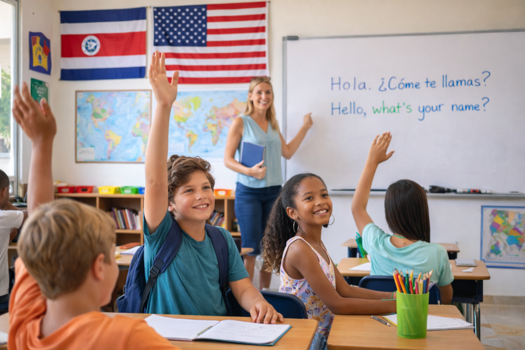 Students in a bright classroom in Costa Rica raising their hands while a teacher leads a bilingual lesson at the whiteboard