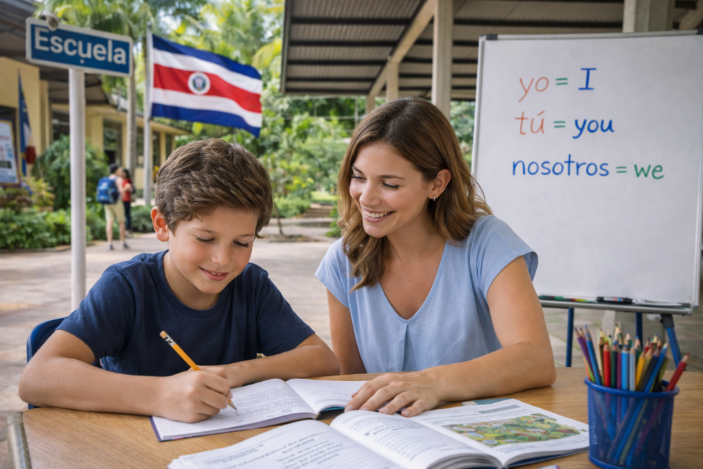 Tutor helping a student practice Spanish in a Costa Rica school courtyard with tropical greenery in the background