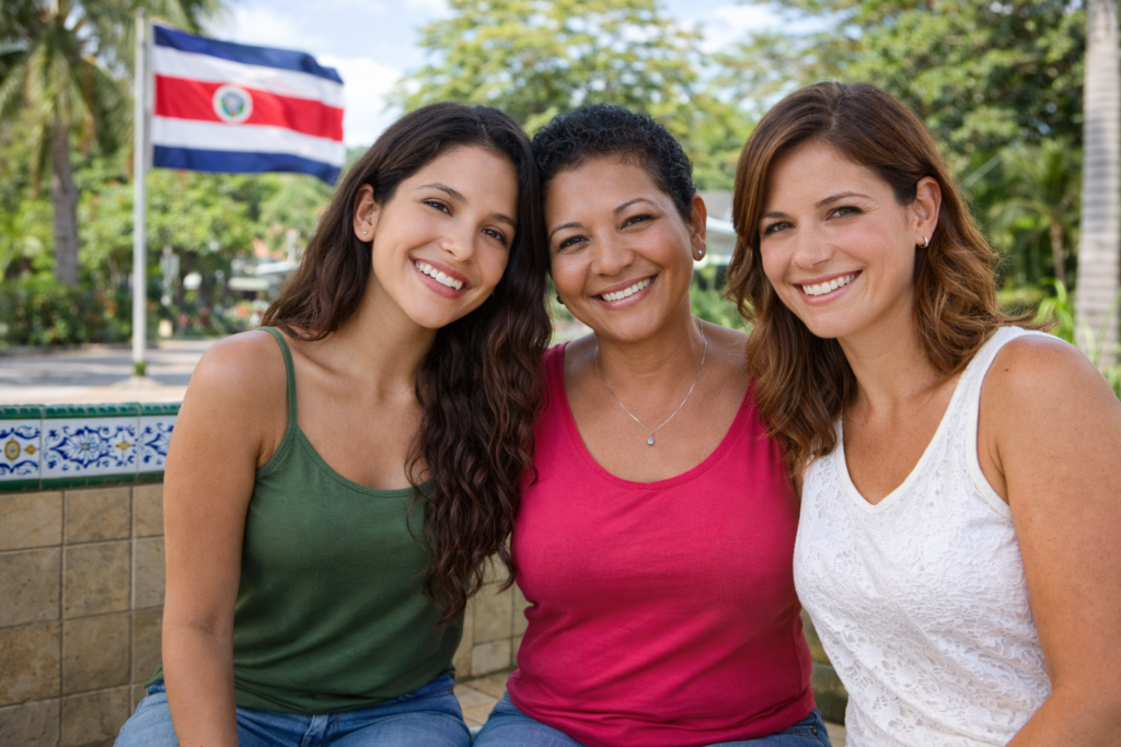 Three Costa Rican women sitting together on a tiled bench outdoors with palm trees in the background