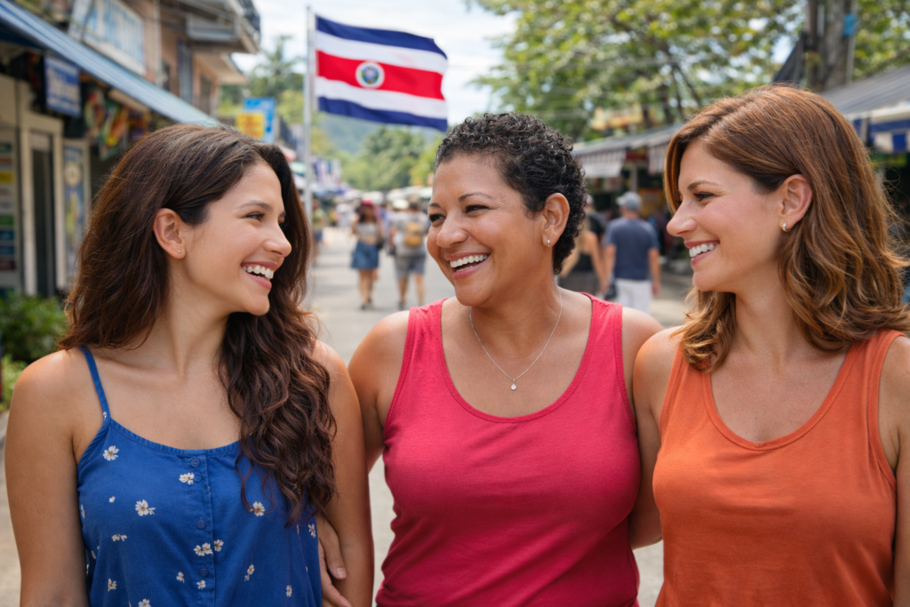 Three women walking together on a colorful Costa Rica street, smiling and talking with shops in the background