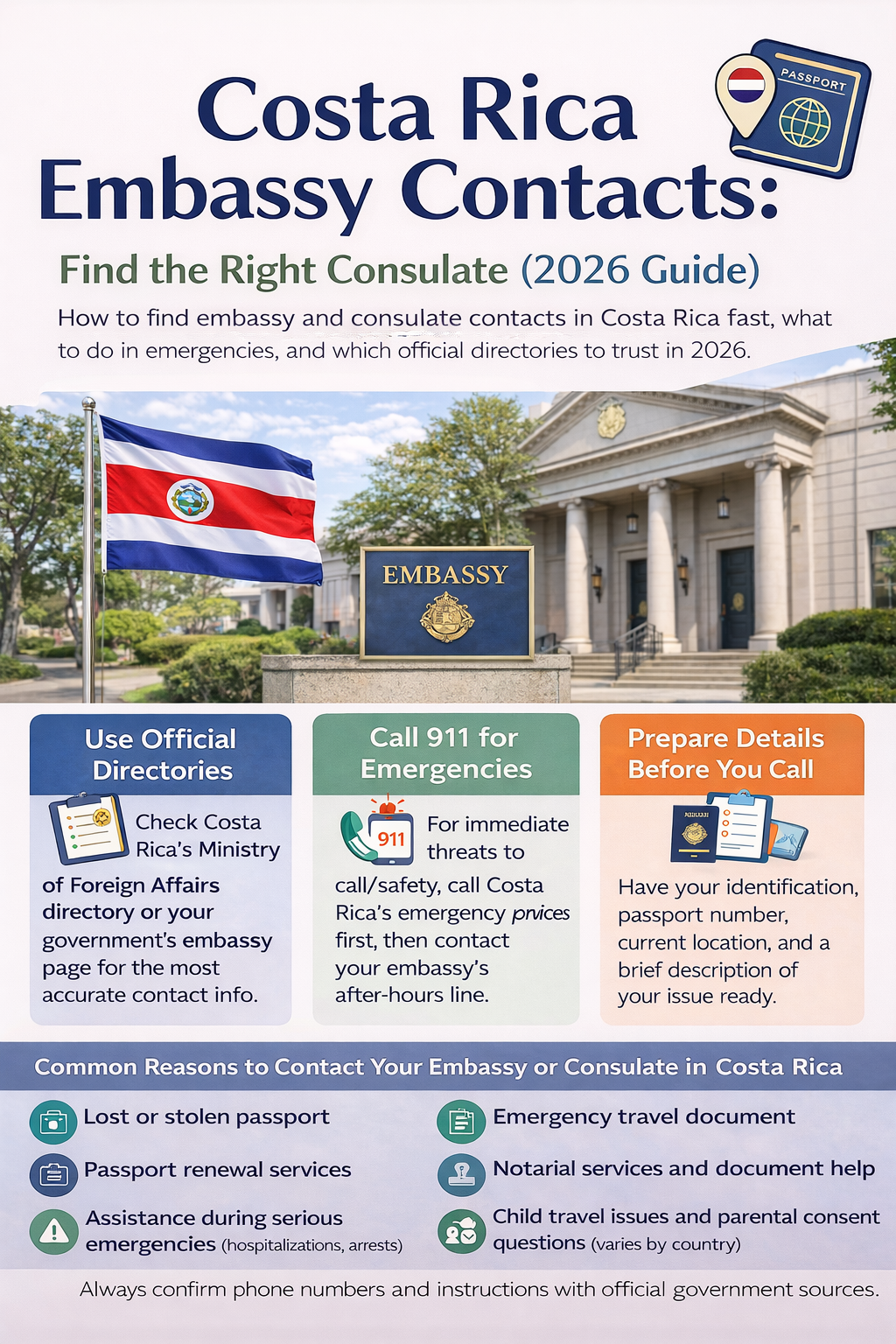 Simple visual guide showing steps to find the right consulate in Costa Rica using official sources and emergency guidance