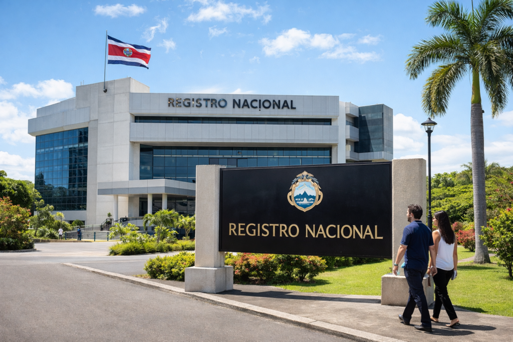 A modern government-style office building in Costa Rica with tropical landscaping and a few people walking toward the entrance