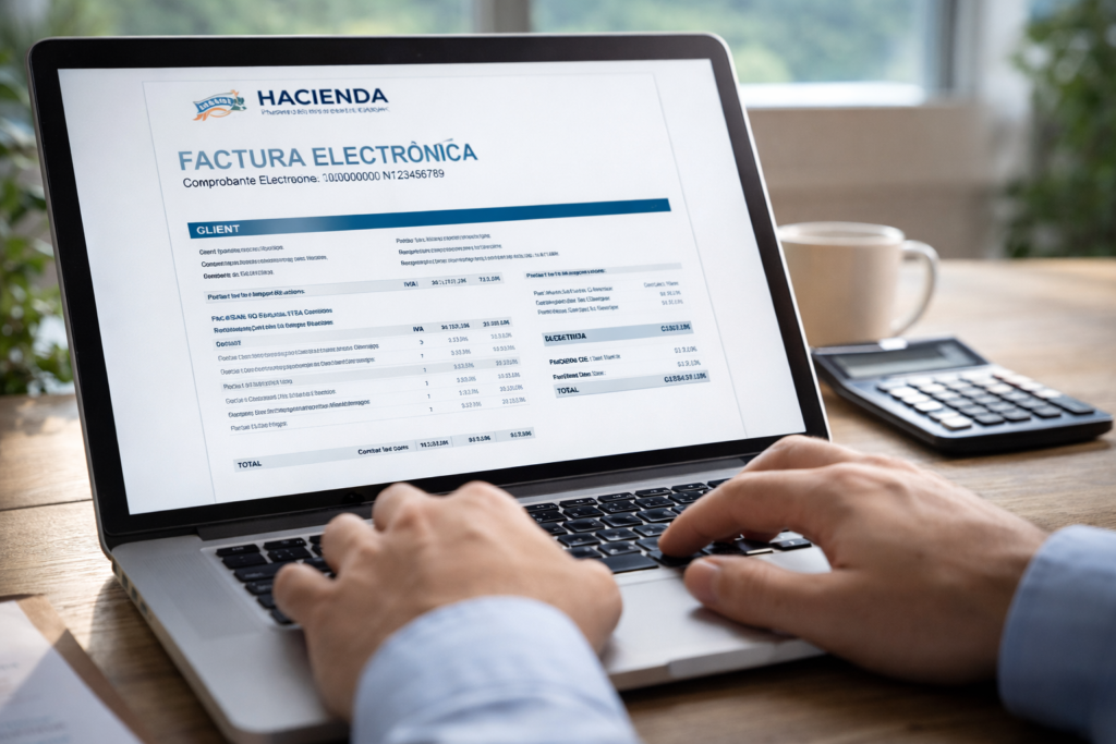 Hands using a laptop for business administration in Costa Rica with a calculator on a wooden desk in soft daylight