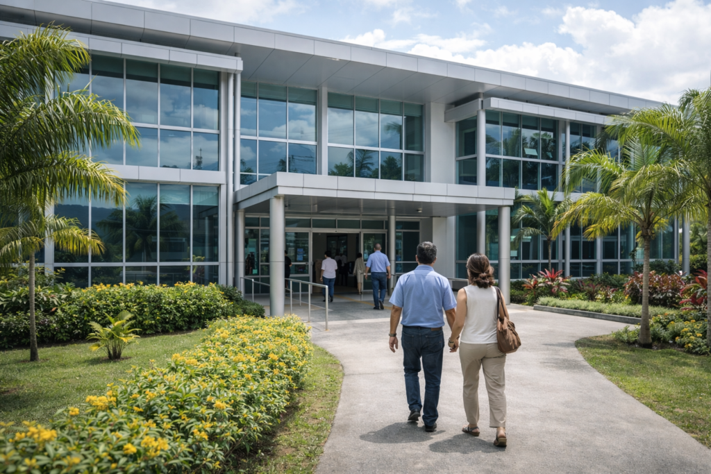 Modern office building in Costa Rica surrounded by tropical landscaping with people walking toward the entrance