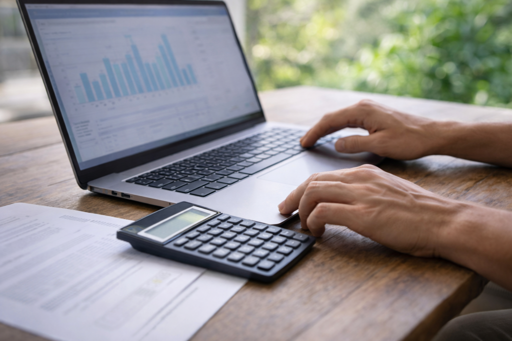 Hands using a laptop and calculator at a wooden desk while reviewing healthcare and insurance budgeting details