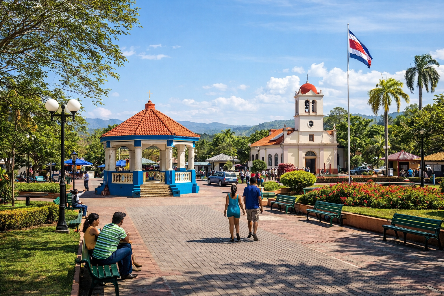 A town plaza in Guanacaste, where the church and the civic life of a Costa Rican town sit side by side