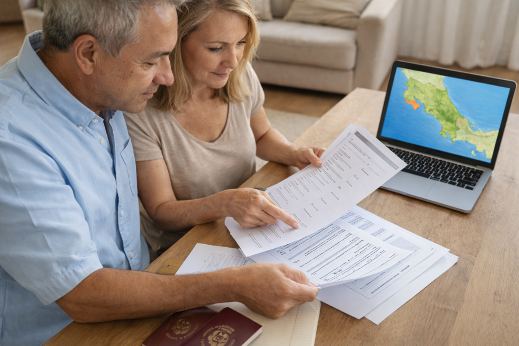 Couple reviewing Costa Rica residency paperwork at a table
