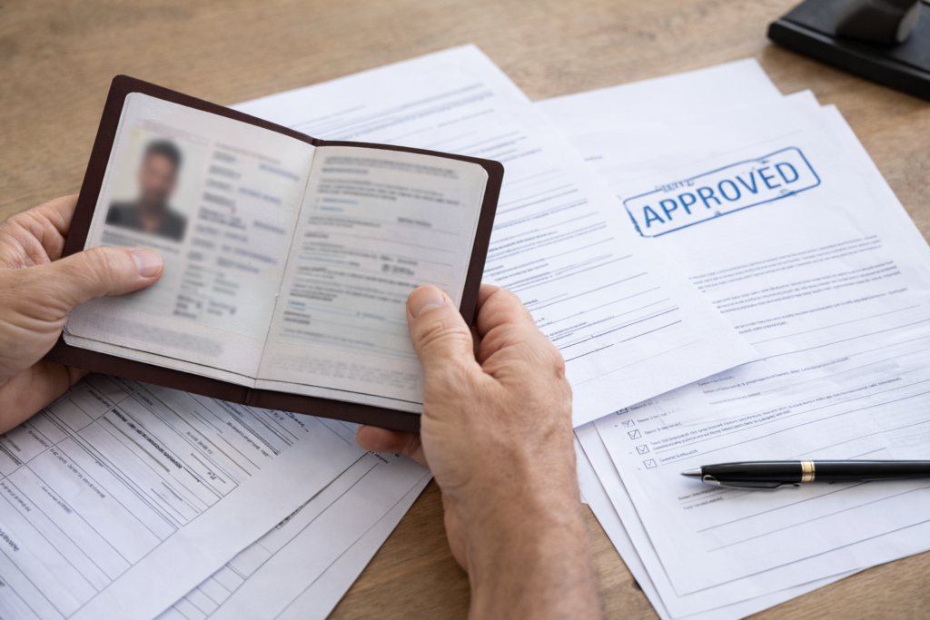 Passport and generic immigration documents on a desk