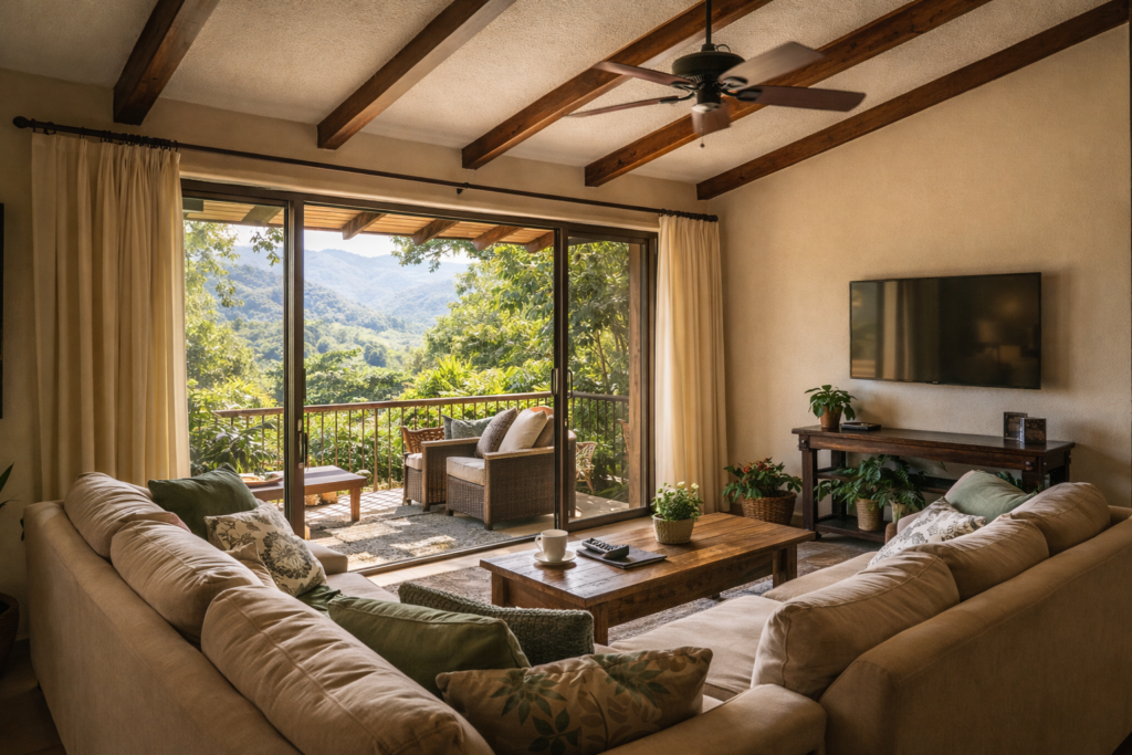 Living room inside a furnished rental home in Costa Rica