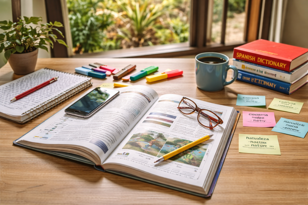 Spanish study materials on a desk with a notebook, phone, and coffee mug near a window