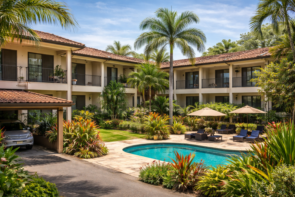 Courtyard of a modern Costa Rican apartment complex with tropical landscaping
