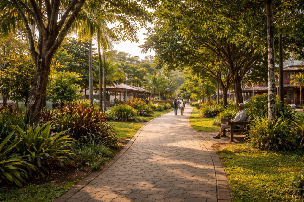 Tree-lined park walkway in a small Costa Rican town during late afternoon