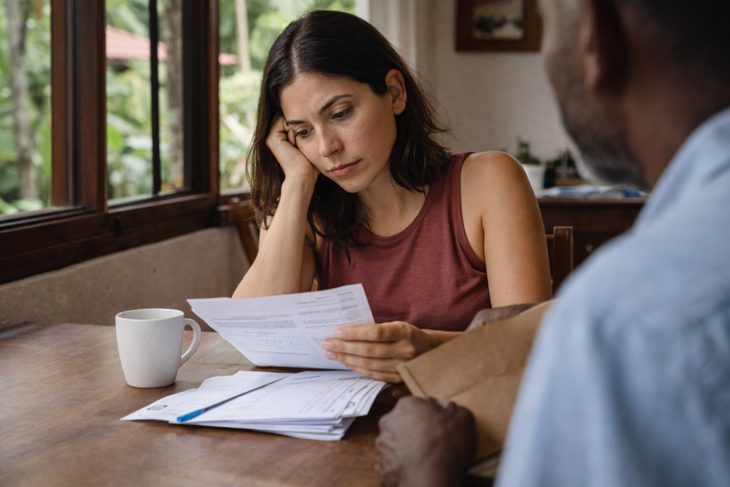 Person reviewing paperwork at a table in a Costa Rican home