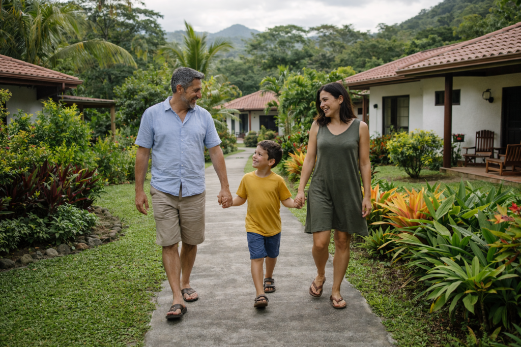 Family walking through a residential neighborhood in Costa Rica