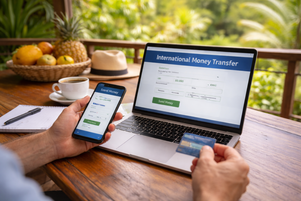 Managing finances remotely using a phone and laptop