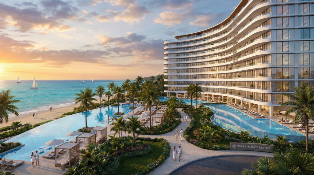 An architectural rendering of the planned Sonesta Jacó Resort, showcasing its luxurious design and oceanfront setting.