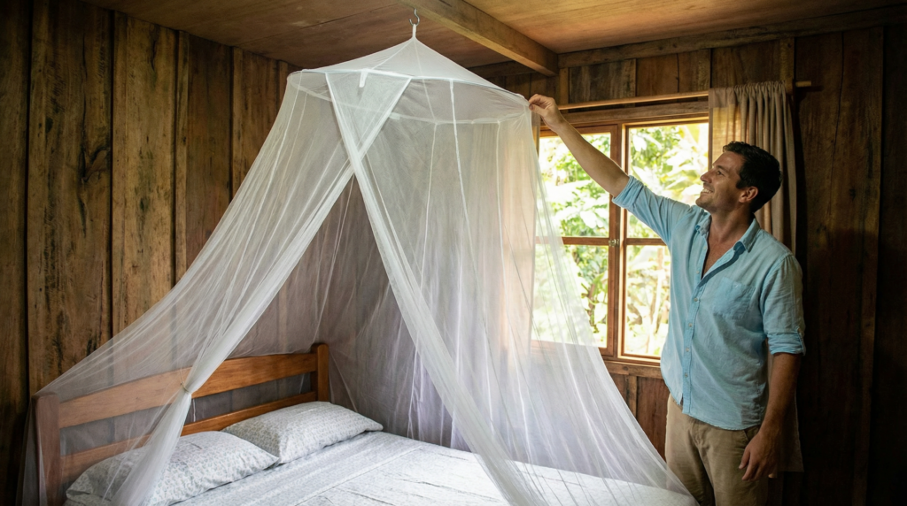A person installing an insecticide-treated bed net in a rural Costa Rican home as a preventive measure against kissing bugs.