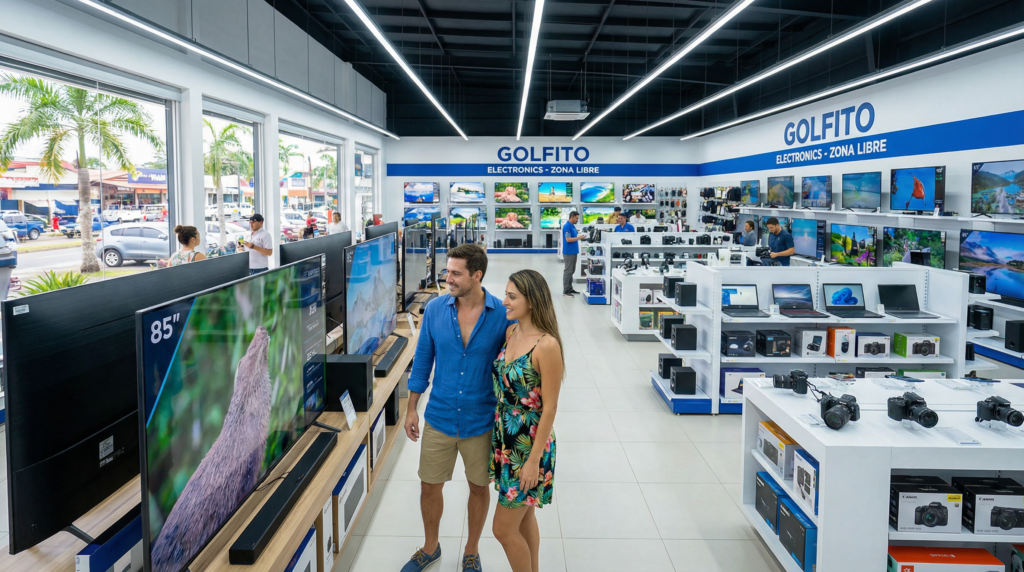 A couple shopping for a new TV in a large electronics store in Golfito, Costa Rica.