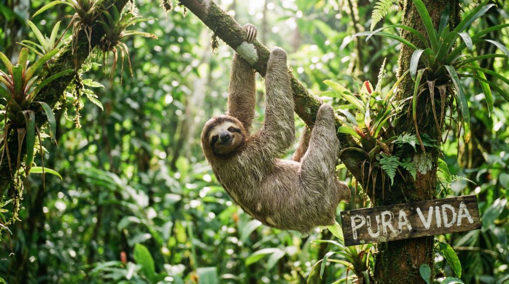 A three-fingered sloth, the national animal of Costa Rica, hanging from a tree branch in the rainforest.
