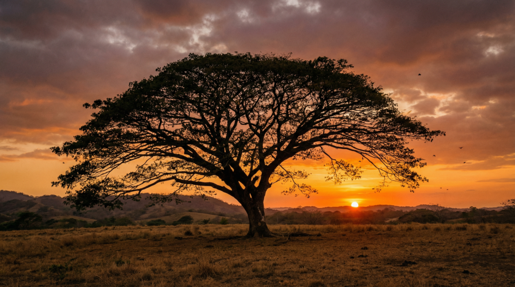 The Guanacaste Tree, the national tree of Costa Rica, silhouetted against a sunset sky.