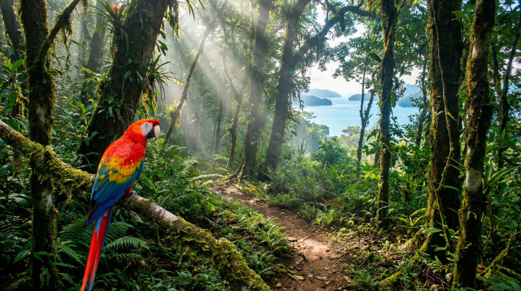  A vibrant macaw perches on a branch in the lush rainforest of the Golfito National Wildlife Refuge, with the Golfo Dulce in the background.