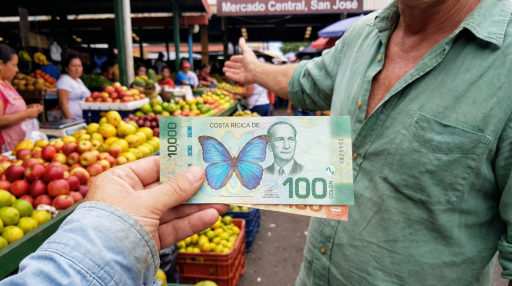 A Costa Rican banknote featuring a Blue Morpho Butterfly, a symbol of the country's biodiversity.