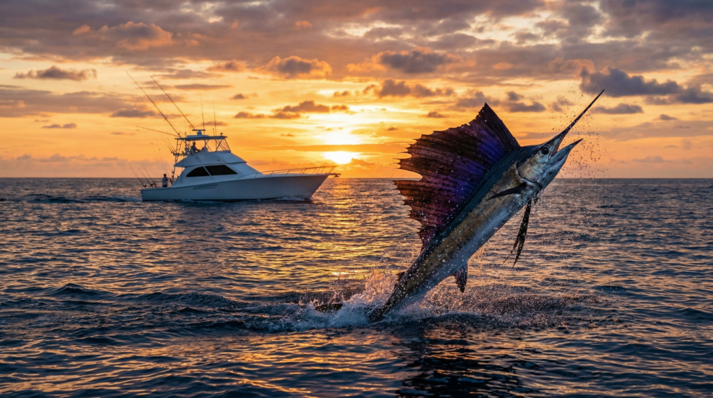 A sailfish leaps from the water during a sport fishing excursion in the Golfo Dulce, Costa Rica.