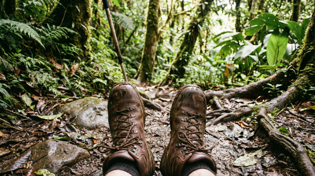 A hiker wearing protective, high-ankled hiking boots on a muddy trail in a Costa Rican rainforest, demonstrating proper snakebite prevention.
