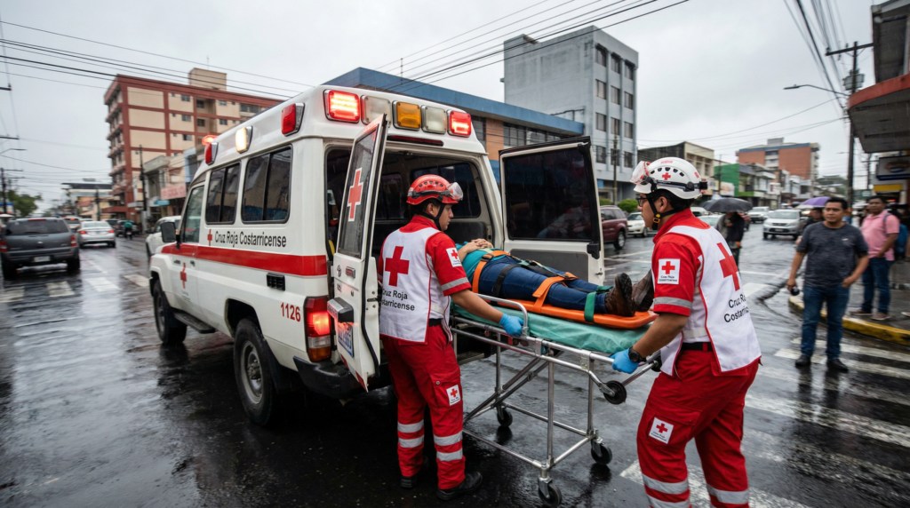 Costa Rican Red Cross paramedics providing emergency medical care.