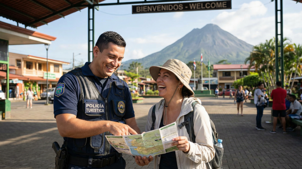 A Costa Rican Tourist Police officer helping a tourist.