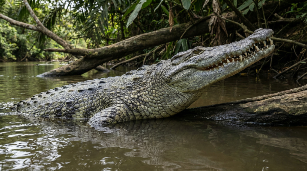 A large American Crocodile in a river in Costa Rica, showcasing its powerful jaws and predatory nature.