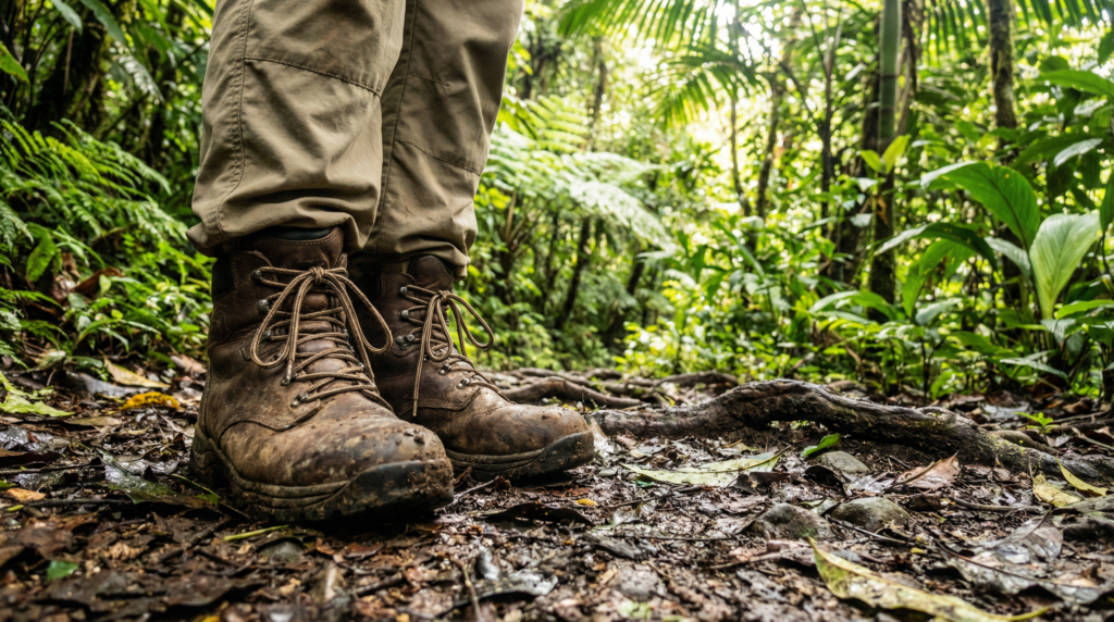 A hiker wearing protective boots and pants on a muddy trail in a Costa Rican rainforest, demonstrating proper safety precautions.