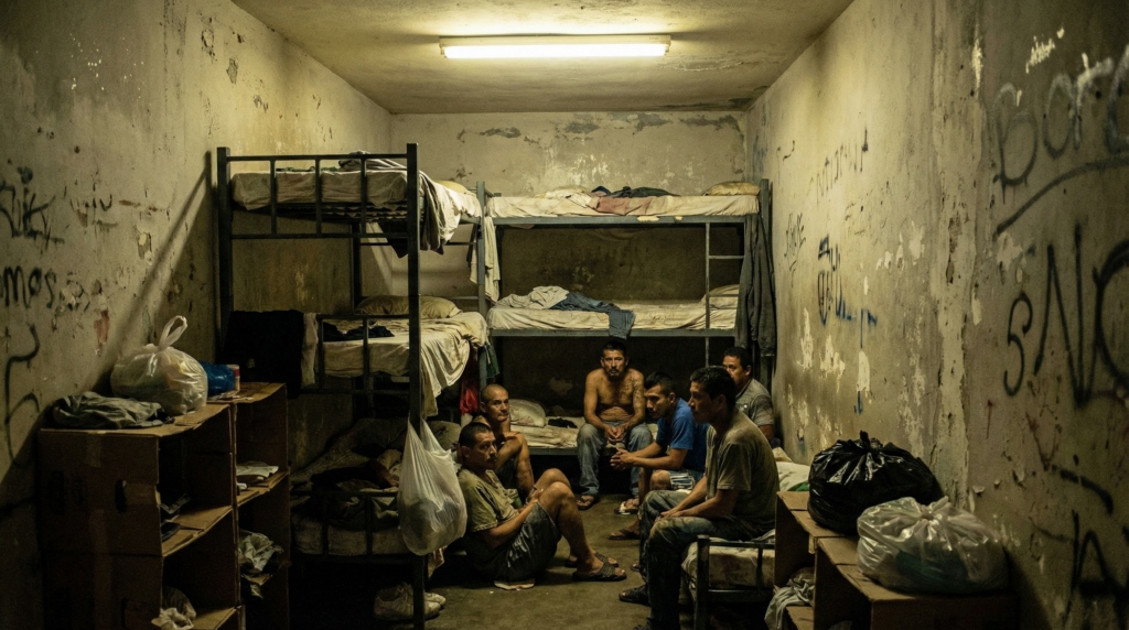 An overcrowded prison cell in Costa Rica, illustrating the severe capacity issues.