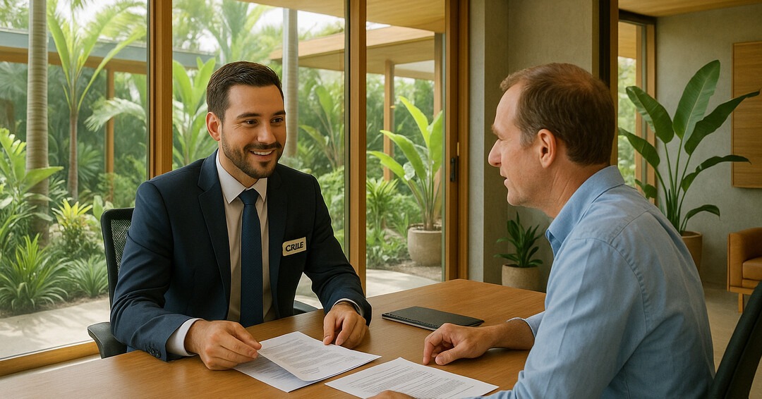 A professional consultation scene in a modern, light-filled office in Costa Rica, with a CRIE expert advising a U.S. client on residency options.