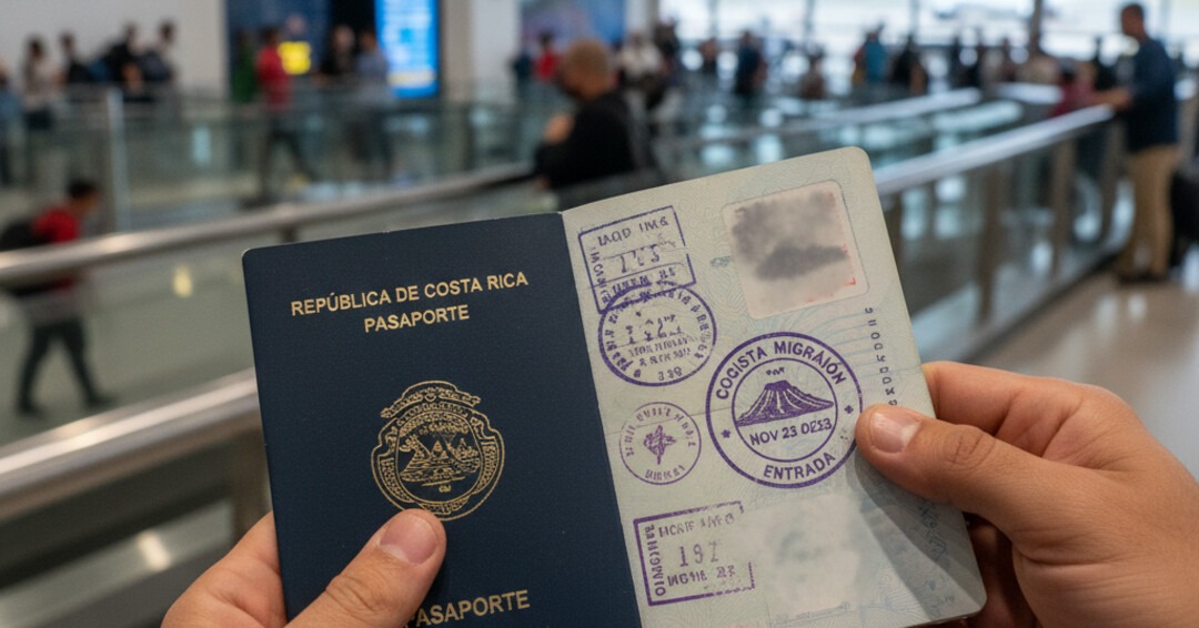 A close-up of an expat's hands holding a passport open to show a Costa Rican entry stamp, with a blurred airport background.