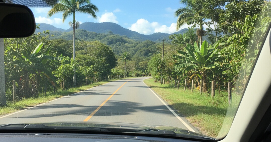 A calm driving scene from inside a car on a semi-rural Costa Rican road, showing the dashboard and a view of the road ahead with tropical foliage.