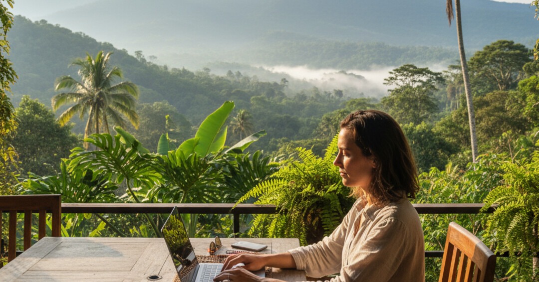 A relaxed lifestyle scene of a person working on a laptop from a beautiful terrace in Costa Rica, with a cup of coffee and a backdrop of tropical plants and a mountain view.