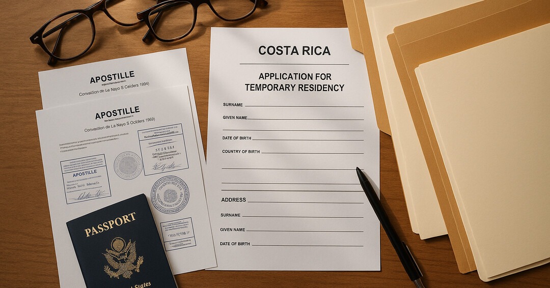 A flat lay of documents representing the Costa Rican residency process, including apostilled papers, a passport, and official-looking stamps on a wooden desk.
