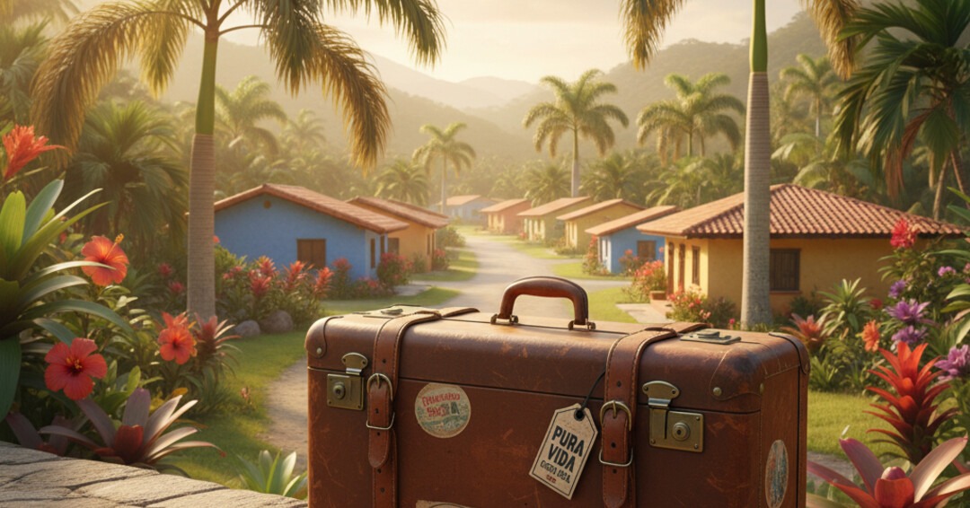 A subtle conceptual image of moving abroad, with a vintage-style suitcase resting on the ground in a tropical Costa Rican setting with low-rise buildings and palm trees.
