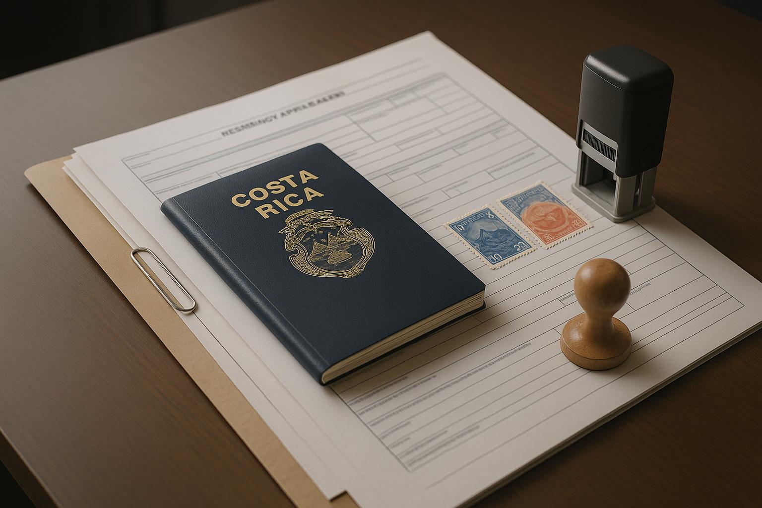 Costa Rican residency application documents with passport and official stamps 