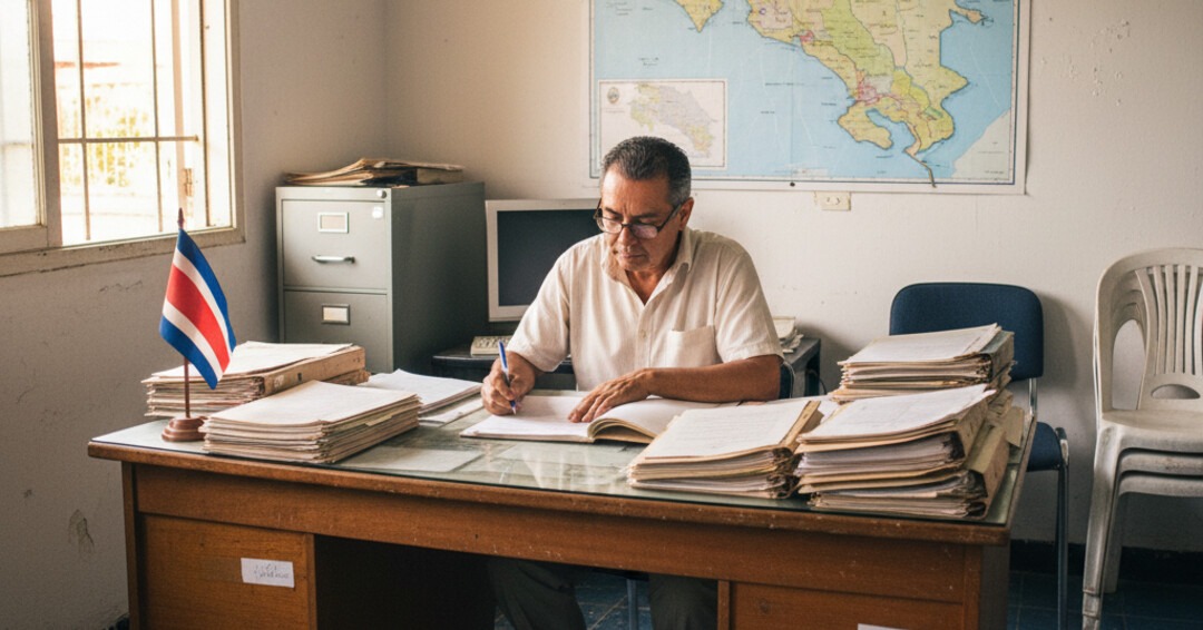 A conceptual image representing Costa Rican rules and regulations, with a person reviewing official-looking documents at a simple wooden desk in a local office setting.