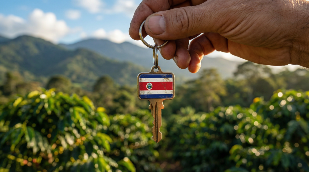 A close-up of a house key with a keychain of the Costa Rican flag, symbolizing a new home purchase.
