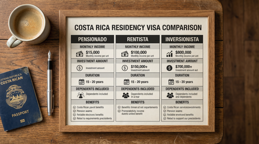 A comparison chart of different Costa Rican residency visa types, laid out on a desk.