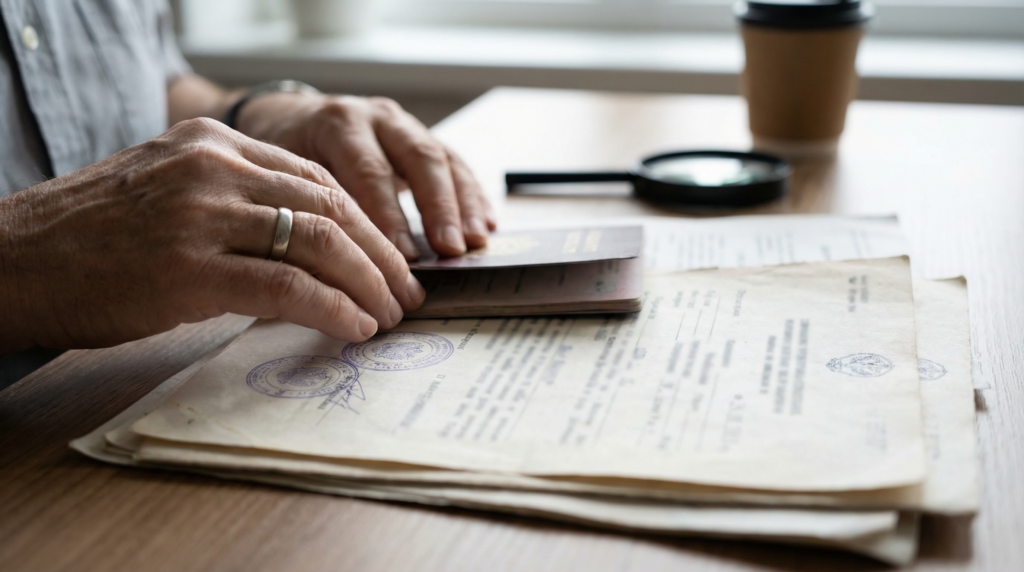 A person organizing and reviewing official immigration documents and a passport on a desk.