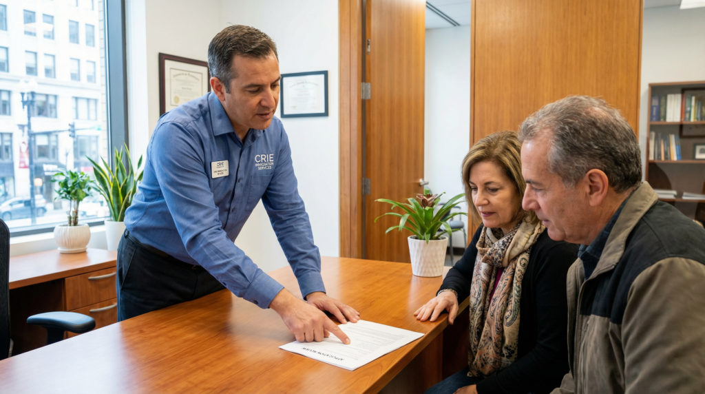 A CRIE immigration expert consulting with a client in a professional office setting.