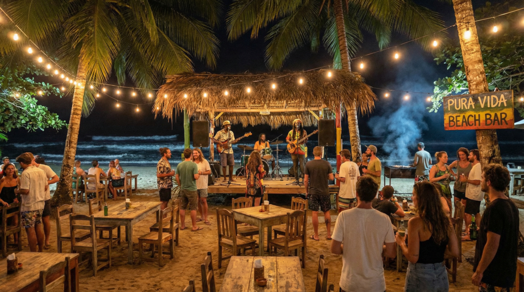 A laid-back beach bar in Puerto Viejo at night, with people enjoying live reggae music under string lights.